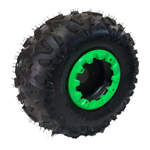 TQU55 FRONT REAR LEFT RIGHT OFF ROAD QUAD BIKE RIM, 7" TYRE 16-8/7 GREEN TRIM UPBEAT 110CC