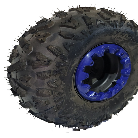 TQU56 FRONT REAR LEFT RIGHT OFF ROAD QUAD BIKE RIM, 7" TYRE 16-8/7 BLUE TRIM UPBEAT 110CC